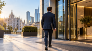 Professionista che entra in una sede aziendale a Milano per il cambio della sede legale