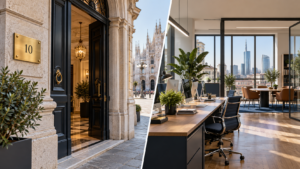 Confronto visivo tra una sede legale e un moderno ufficio operativo a Milano