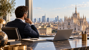 Imprenditore internazionale in un ufficio con vista su Milano